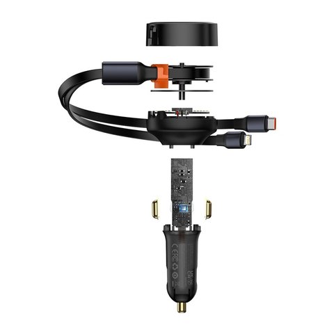 Автомобильное зарядное устройство Baseus Enjoyment Retractable 2-in-1, черное, Quick Charge, c кабелем, 30 Вт, 12-24 B, #CGTX000001 Превью 2