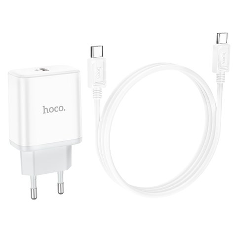 Сетевое зарядное устройство Hoco C104A, 20 Вт, Power Delivery (PD), белый, c кабелем USB тип-C к USB тип-C, 1 порт, #6931474782915 Превью 1